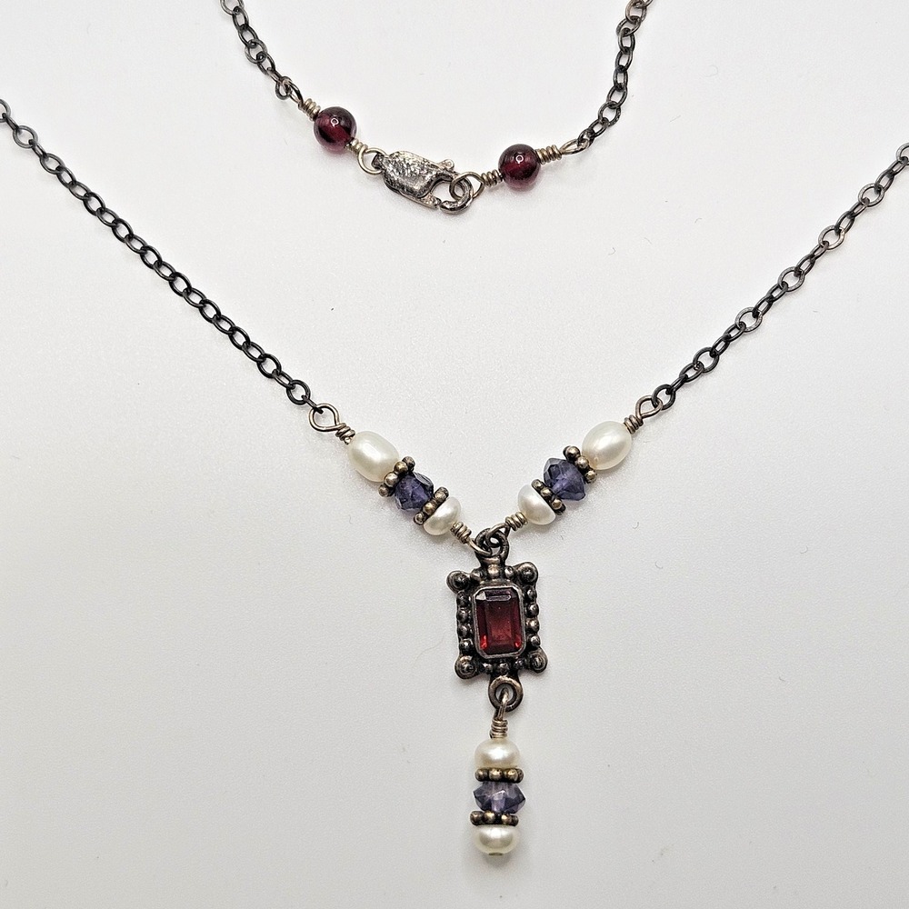 Sterling Silver Garnet Pearl Necklace Y Drop Vintage 17"
